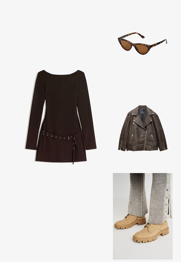 Jachetă de motociclist din piele ecologică maro, cu rever larg, fermoare argintii la buzunare și mâneci, și curele ajustabile la tiv.; Rochie lungă neagră cu mânici lungi și decolteu larg, având o talie cu curea și ochiuri din metal, realizată dintr-un material texturat neted.; Cizme de gleznă din piele maro cu șireturi, cu o talpă chunky, având o suprafață texturată, vârf rotund și buline contrastante pe talpa exterioară.; Ochelari de soare în stil cat-eye, cu o ramă din material cu tortoiseshell negru și portocalie, lentile maro și vârfuri elegante, ascuțite. Prezintă un logo minimal pe brățara ochelarilor.; Geanta de mână aurie are un material texturat cu studs metalici rotunzi, o placuță cu logo triunghiular și o curea din lanț cu eyelets metalice rotunde.