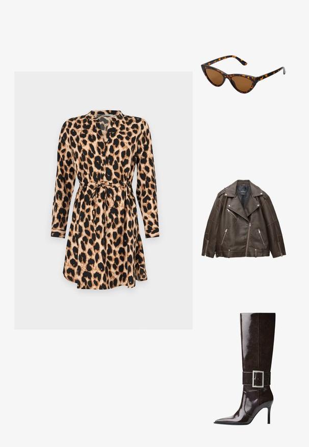 Bračna faux kožna bikerska jakna širokih revera, s srebrnimi zadrgami na žepih in rokavih ter nastavljivimi pasovi na robu.; Obleka s leopardjim vzorcem, dolgimi rokavi, zategnjenim pasom in V-izrezom. Ima svetlo rjave in črne barve ter lahkotno tkanino.; Temno rjava usnjena škornja do kolen z ostrim nosom, stileto peto in širokim trakom z velikim pravokotnim srebrnim sponko.; Mačje oči sončna očala z okvirom v črno-oranžni želvej ohišji, rjavimi lečami in elegantnimi, ostrimi konicami. Imajo minimalistični logo na ročaju.; Zlata torbica ima teksturirano blago z okroglimi kovinskimi pokrovi, trikotno logotipno ploščico in verižico z okroglimi kovinskimi grometi.