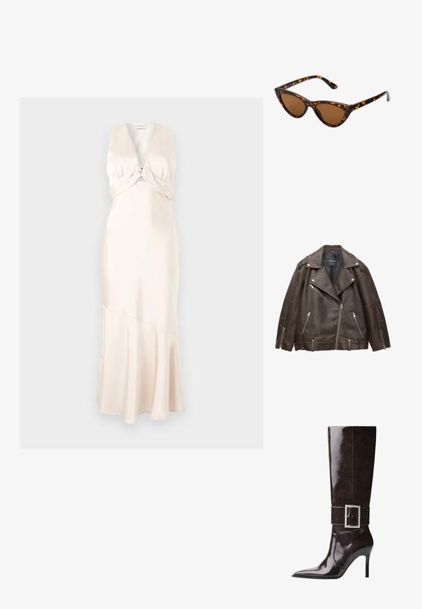 Braune Kunstleder-Bikerjacke mit breiten Revers, silbernen Reißverschlüssen an Taschen und Ärmeln sowie verstellbaren Gürtelschlaufen am Saum.; Maxikleid aus Satin in sanftem Creme, mit tiefem V-Ausschnitt und gedrehten Oberteil, mit schwingendem Saum und glatter Textur.; Dunkelbraune knöchelhohe Lederstiefel mit spitzer Spitze, Stiletto-Absatz und breitem Riemen mit großer rechteckiger silberner Schnalle.; Katzenaugen-Sonnenbrille mit einem schwarz-orangenen Schildpattrahmen, braunen Gläsern und schlanken, spitzen Enden. Verfügt über ein minimalistisches Logo am Bügel.; Die goldene Handtasche verfügt über einen strukturierten Stoff mit runden, metallischen Nieten, einem dreieckigen Logoschild und einem Kettenriemen mit runden Metallösen.