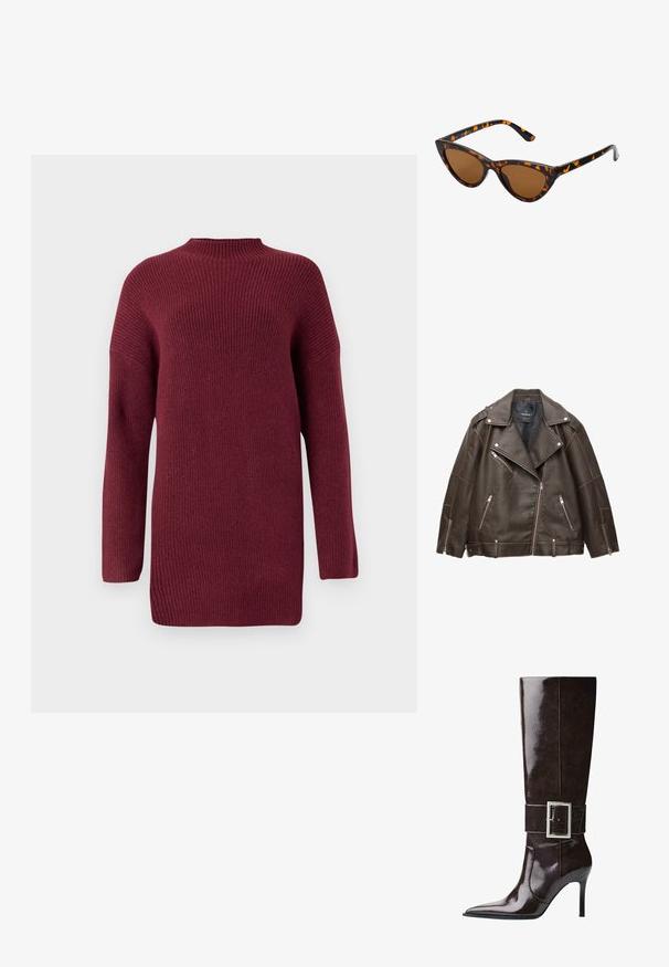 Hnedá faux kožená motorkárska bunda so širokými klopami, striebornými zipsami na vreckách a rukávoch a nastaviteľnými popruhmi na opasku na spodnom okraji.; Bordový pletený sveter s vysokým golierom, rebrovanou textúrou, dlhými rukávmi a uvoľneným strihom, s poklesnutými ramenami a rovný lem.; Tmavohnedá vysoká kožená čižma po kolená s špicatou špičkou, stiletto podpätkom a širokým pásom s veľkou obdĺžnikovou striebornou prackou.; Mačacie slnečné okuliare s čiernym a oranžovým želvovinovým rámom, hnedými sklami a elegantnými, špicatými koncami. Obsahujú minimalistické logo na spánku.; Zlatá kabelka má textúrovanú látku s okrúhlymi kovovými hrotmi, trojuholníkovou logovou platňou a reťazovým popruhom s okrúhlymi kovovými očkami.
