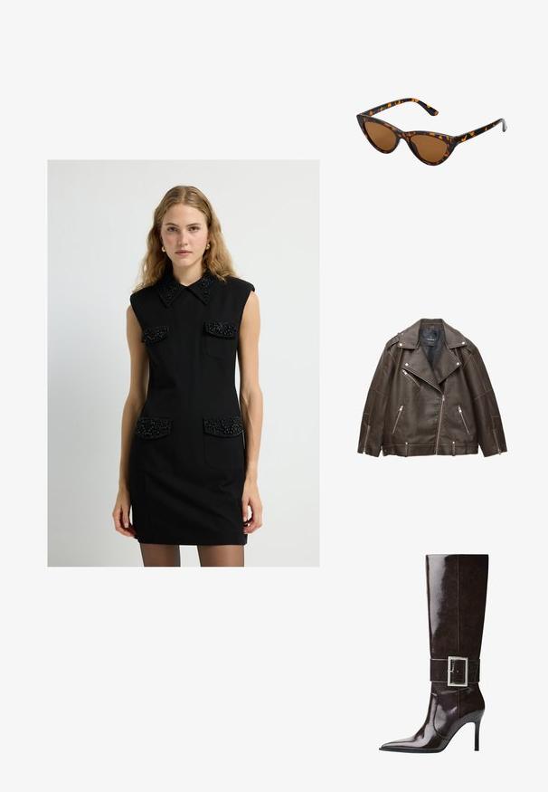 Ruskea tekonahkainen moottoripyöräntakki leveillä läpillä, hopeiset vetoketjut taskuissa ja hihoissa sekä säädettävät vyönauhat helmassa.; Musta hihaton mekko, jossa on kaulus, koristellut taskut ja tiukka leikkaus. Taskuissa ja kauluksessa oleva teksturoitu yksityiskohta lisää visuaalista kiinnostavuutta.; Tummanruskea, polven yli ulottuva nahkasaapas, jossa on terävä kärki, stiletto-korko ja leveä hihna, jossa on suuri suorakulmainen hope buckle.; Kattöga solglasögon med en svart och orange sköldpaddsmönstrad båge, bruna linser och slanka, spetsiga spetsar. Har en minimal logotyp på skalmen.; Kultainen käsilaukku, joka on valmistettu teksturoidusta kankaasta, sisältää pyöreitä metallistukkeja, kolmionmuotoisen logolevyn ja ketjuhihnan, jossa on pyöreitä metalliputkia.
