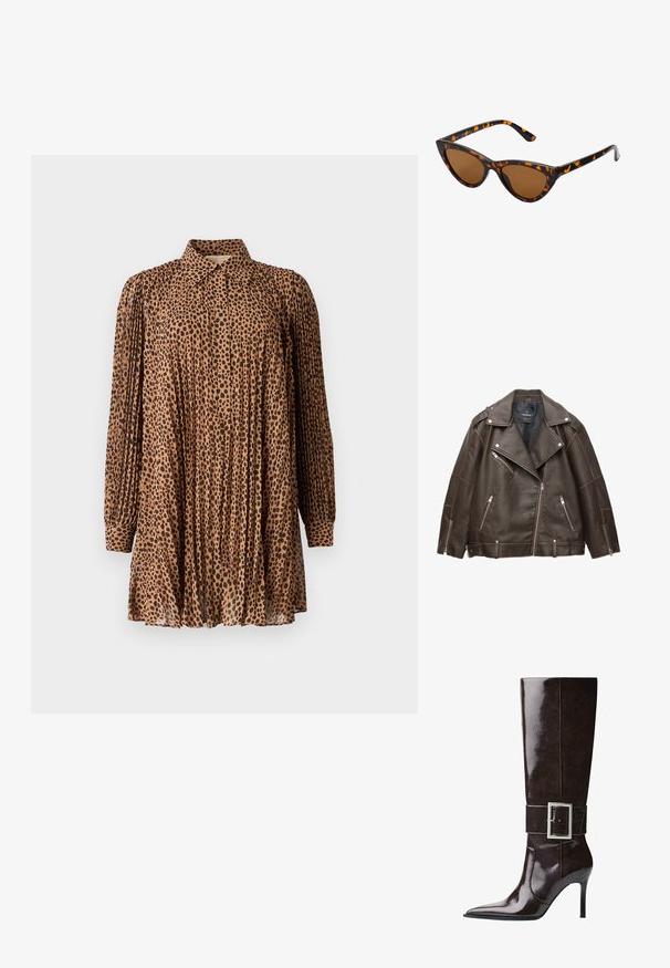 Brązowa kurtka motocyklowa z sztucznej skóry z szerokimi klapami, srebrnymi zamkami błyskawicznymi na kieszeniach i rękawach oraz regulowanymi paskami na dole.; Czarna sukienka w cętki, lekka tkanina, długie rękawy z mankietami, plisowany krój, detal przy kołnierzyku, długość powyżej kolan.; Ciemnobrązowe, skórzane botki do kolan z ostry szpic, szpilką oraz szerokim paskiem z dużą prostokątną srebrną klamrą.; Okulary przeciwsłoneczne w kształcie kocich oczu z czarno-pomarańczową oprawą w deseń żółwia, brązowymi soczewkami i eleganckimi, spiczastymi końcówkami. Posiadają minimalistyczne logo na zauszniku.; Złota torba na ramię ma teksturowaną tkaninę z okrągłymi metalowymi ćwiekami, trójkątną płytkę z logo oraz łańcuchowy pasek z okrągłymi metalowymi oczkami.