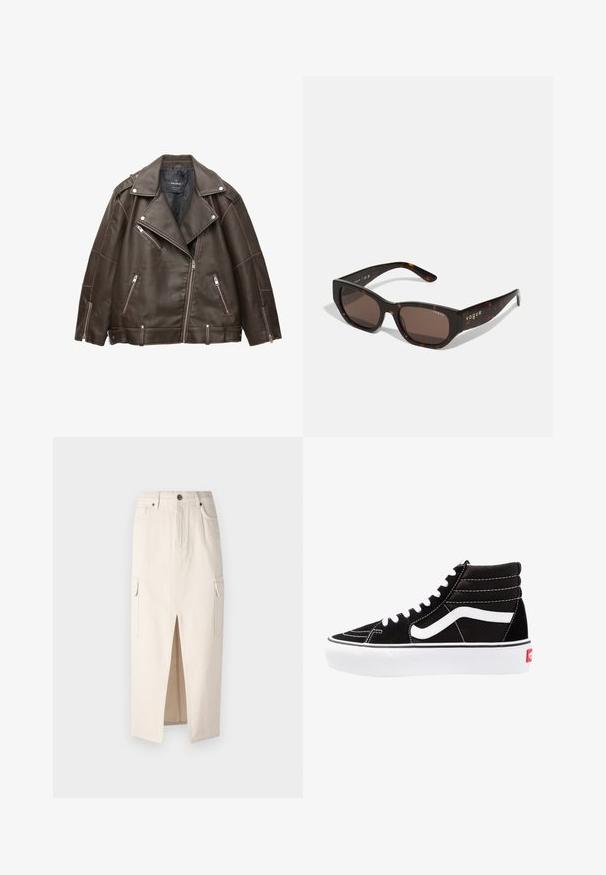 Bračna faux kožna bikerska jakna širokih revera, s srebrnimi zadrgami na žepih in rokavih ter nastavljivimi pasovi na robu.; Olivno zelena pletena jopica s krojem na okroglo, dolgimi rokavi in ribanim robom. Ima skrajšan dizajn s mehkimi, teksturiranimi zaključki.; Bež jeansa midi krilo s sprednjim razporkom, dvema stranskima žepoma in visokim pasom. Ima gumbasto zapiranje in subtilno teksturo.; Črne visoke superge z belimi vezalkami, belim logotipom in kontrastnim belim šivom. Imajo debel bel podplat in teksturirano usnje.; Želve barvane sončne očala z pravokotnimi rjavimi lečami. Sijajni plastični okvir ima zlate "vogue" oznake na strani.; Črna hobo torba iz gladkega materiala, ki spominja na usnje, s prepletenim ročajem, ki ima mehak, zaobljen obliko in zgornje zadrgo.