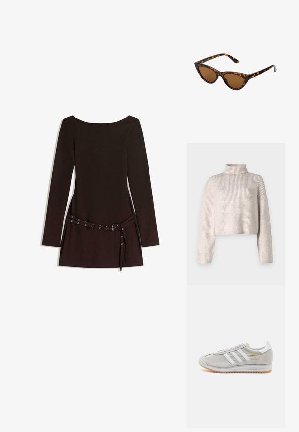 Braune Kunstleder-Bikerjacke mit breiten Revers, silbernen Reißverschlüssen an Taschen und Ärmeln sowie verstellbaren Gürtelschlaufen am Saum.; Cremefarbener, gerippter Strickpullover mit hohem Kragen, verkürztem Design und langen Ärmeln. Weicher Stoff, leichtes Material und minimale Details.; Schwarzes langärmliges Kleid mit weit ausgeschnittenem Hals, ausgestattet mit einem taillierten Bund mit Metallösen und einer glatten Stoffoberfläche.; Hellgraue Sneaker aus Wildleder und Mesh, mit drei weißen Streifen, runder Zehenpartie und einer Sohle aus Gummi. Goldenes Logo-Detail nahe der Schnürsenkel.; Katzenaugen-Sonnenbrille mit einem schwarz-orangenen Schildpattrahmen, braunen Gläsern und schlanken, spitzen Enden. Verfügt über ein minimalistisches Logo am Bügel.; Die goldene Handtasche verfügt über einen strukturierten Stoff mit runden, metallischen Nieten, einem dreieckigen Logoschild und einem Kettenriemen mit runden Metallösen.