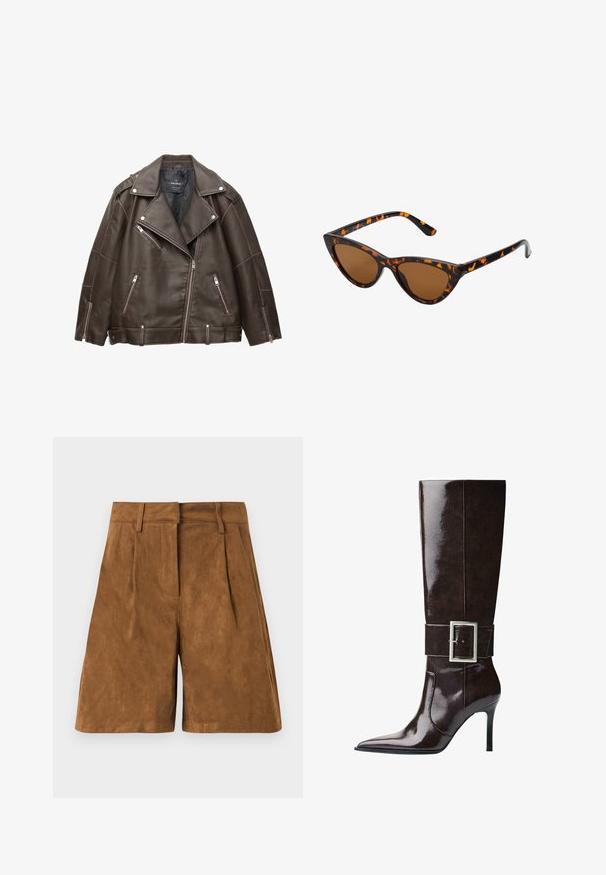 Giacca biker in finta pelle marrone con ampi risvolti, cerniere argento su tasche e maniche, e cinturini regolabili all'orlo.; Top halter beige con frontale drappeggiato, caratterizzato da una texture liscia e piccoli dettagli metallici lungo il colletto. Si lega sul retro.; Pantaloni corti in suede marrone con una texture liscia, caratterizzati da pieghe frontali, una vita piatta e una linea dritta.; Stivale in morbida pelle marrone scuro, alto fino al ginocchio, con punta affusolata, tacco a stiletto e ampia fascia con grande fibbia rettangolare in argento.; Occhiali da sole cat-eye con una montatura tartarugata nera e arancione, lenti marroni e punte affusolate e eleganti. Presentano un logo minimale sulla asta.; La borsa a tracolla dorata presenta un tessuto testurizzato con borchie metalliche rotonde, una placca con logo triangolare e una tracolla a catena con occhielli metallici rotondi.