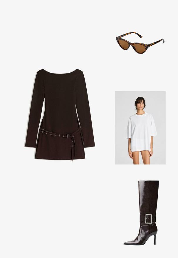 Braune Kunstleder-Bikerjacke mit breiten Revers, silbernen Reißverschlüssen an Taschen und Ärmeln sowie verstellbaren Gürtelschlaufen am Saum.; Weißes, übergroßes T-Shirt aus Baumwolle. Verfügt über einen Rundhalsausschnitt und kurze Ärmel, mit einer glatten Textur und einfachem Design.; Schwarzes langärmliges Kleid mit weit ausgeschnittenem Hals, ausgestattet mit einem taillierten Bund mit Metallösen und einer glatten Stoffoberfläche.; Dunkelbraune knöchelhohe Lederstiefel mit spitzer Spitze, Stiletto-Absatz und breitem Riemen mit großer rechteckiger silberner Schnalle.; Katzenaugen-Sonnenbrille mit einem schwarz-orangenen Schildpattrahmen, braunen Gläsern und schlanken, spitzen Enden. Verfügt über ein minimalistisches Logo am Bügel.; Die goldene Handtasche verfügt über einen strukturierten Stoff mit runden, metallischen Nieten, einem dreieckigen Logoschild und einem Kettenriemen mit runden Metallösen.