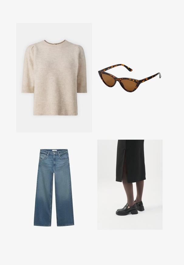 Braune Kunstleder-Bikerjacke mit breiten Revers, silbernen Reißverschlüssen an Taschen und Ärmeln sowie verstellbaren Gürtelschlaufen am Saum.; Selected Femme SLFLULU SS OPEN BACK O-NECK NOOS - T-Shirt basic - birch; Helleblaue weit geschnittene Jeans aus Denim mit mittelhoher Taille, zwei Fronttaschen und klassischen Nähten.; Schwarze Lederschuhe mit abgerundetem Zeh, dicker Blockabsatz und elastischen seitlichen Akzenten, kombiniert mit dunklen Strumpfhosen und einem schwarzen Rock mit Schlitz.; Katzenaugen-Sonnenbrille mit einem schwarz-orangenen Schildpattrahmen, braunen Gläsern und schlanken, spitzen Enden. Verfügt über ein minimalistisches Logo am Bügel.; Die goldene Handtasche verfügt über einen strukturierten Stoff mit runden, metallischen Nieten, einem dreieckigen Logoschild und einem Kettenriemen mit runden Metallösen.