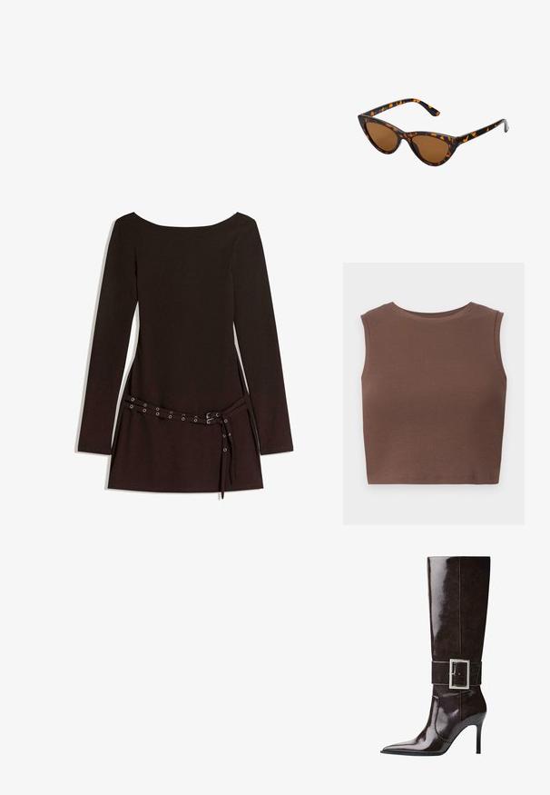 Barna műbőr motoros dzseki széles hajtókákkal, ezüst cipzárokkal a zsebeken és a hosszúujjakon, valamint állítható övrészekkel az alsó szegélyen.; Barna bordázott, ujjatlan crop top, kerek nyakkivágással. Sima textúra és testhezálló fazon, kiemelve a dizájn egyszerűségét.; Fekete, hosszú ujjú ruha széles nyakkivágással, övvel ellátott derékkal, fémlukakkal és sima szövettextúrával.; Sötétbarna, térd fölé érő bőr csizma hegyes orral, tűsarkúval és széles pánttal, amelyen nagy, téglalap alakú ezüst csat található.; Cica szemüveg fekete és narancssárga teknőc pánttal, barna lencsékkel és sima, hegyes végekkel. A templomán egy minimalista logó található.; Az arany kézitáska texturált anyagból készült, kerek fémbetétekkel, háromszög alakú logóval és láncos pánttal, amelyen kerek fém szemcsék találhatók.