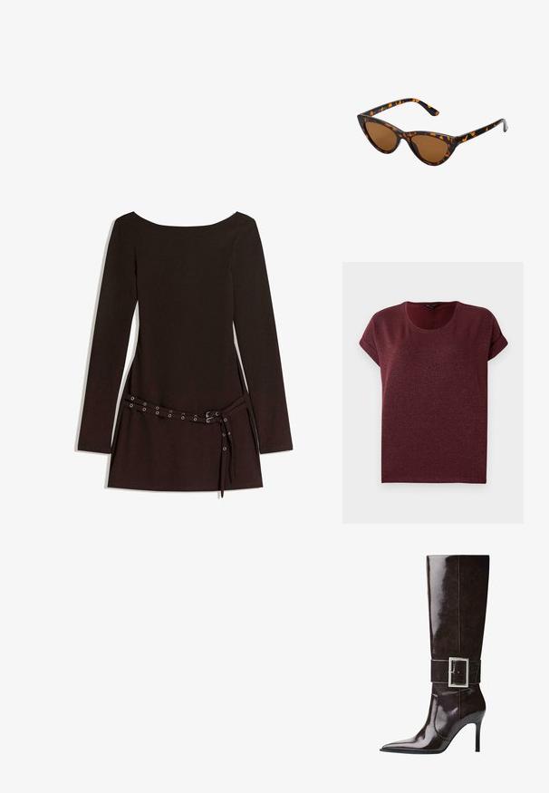 Braune Kunstleder-Bikerjacke mit breiten Revers, silbernen Reißverschlüssen an Taschen und Ärmeln sowie verstellbaren Gürtelschlaufen am Saum.; Burgunderfarbener Kurzarmoberteil aus strukturiertem, glitzerndem Stoff mit rundem Ausschnitt und umgeschlagenen Ärmeln. Bequemer Schnitt.; Schwarzes langärmliges Kleid mit weit ausgeschnittenem Hals, ausgestattet mit einem taillierten Bund mit Metallösen und einer glatten Stoffoberfläche.; Dunkelbraune knöchelhohe Lederstiefel mit spitzer Spitze, Stiletto-Absatz und breitem Riemen mit großer rechteckiger silberner Schnalle.; Katzenaugen-Sonnenbrille mit einem schwarz-orangenen Schildpattrahmen, braunen Gläsern und schlanken, spitzen Enden. Verfügt über ein minimalistisches Logo am Bügel.; Die goldene Handtasche verfügt über einen strukturierten Stoff mit runden, metallischen Nieten, einem dreieckigen Logoschild und einem Kettenriemen mit runden Metallösen.