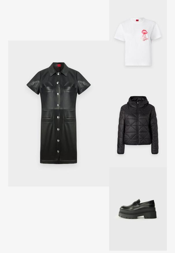 Veste matelassée noire avec capuche, dotée d'une fermeture éclair frontale et d'une texture douce et lisse. Motif en diamant sur le tissu.; Robe en cuir noire avec des manches courtes, un col, une fermeture à boutons sur le devant et deux poches poitrine. Présente des accessoires en métal argenté et une texture lisse.; T-shirt en coton blanc à manches courtes, orné d'un motif de lèvres roses et d'un graphic de rouge à lèvres, accompagné du texte "La Nuit Devious."; Mocassins en cuir noir avec une semelle plateforme épaisse. Bout arrondi, détail de couture sur le devant et accents de surpiqûres subtils. Semelle plate et texturée.