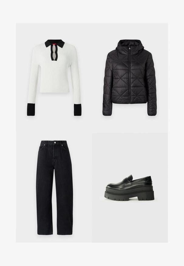Zwarte gewatteerde jas met een capuchon, voorzien van een rits aan de voorkant en een zachte, gladde textuur. Ruitpatroon over de stof.; Witte geribde gebreide top met een zwarte kraag en manchetten, met een keyhole halslijn detail. Lange mouwen en een aansluitend ontwerp.; Hoge taille, straight-leg zwarte denim jeans met vijf zakken, metalen klinknagels en tonale stiksels. Gladde textuur, minimalistisch ontwerp.; Zwarte lederen loafers met een chunky plateauzool. Rondere neus, naden aan de voorkant en subtiele stikselaccenten. Vlakke, gestructureerde buitenzool.