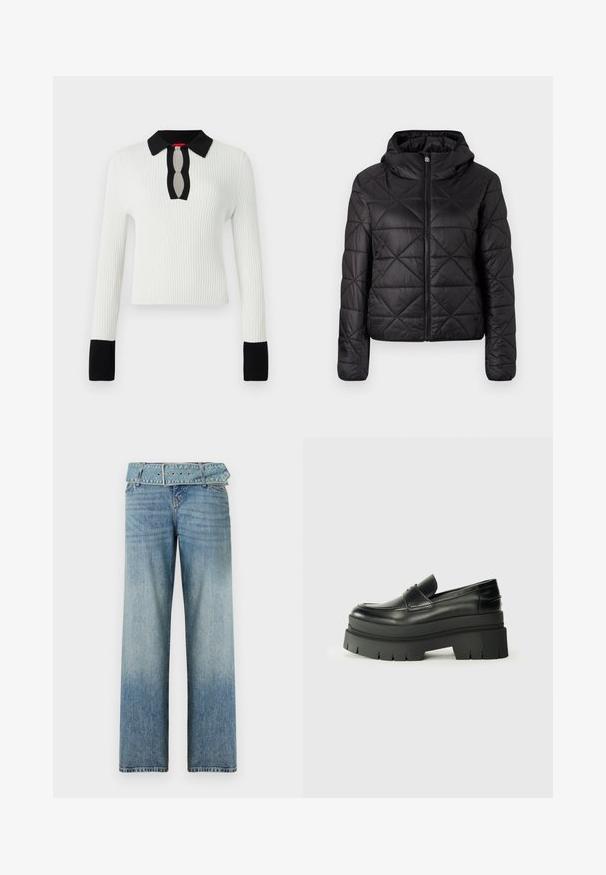 Chaqueta acolchada negra con capucha, que cuenta con una cremallera frontal y una textura suave y lisa. Patrón de diamante en toda la tela.; Top de punto blanco con nervios, cuello y puños negros, que presenta un detalle de escote con abertura en forma de llave. Mangas largas y diseño ajustado.; Jeans de mezclilla azul claro con un diseño de pierna ancha, que presentan una cintura con cinturón a juego y un desvanecimiento gradual de oscuro a claro.; Mocasines de cuero negro con suela de plataforma contundente. Punta redondeada, detalle de costura en la parte delantera y sutiles acentos de costura. Suela plana y texturizada.