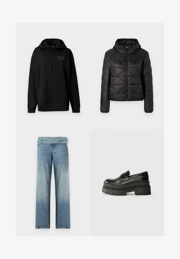 Sort quilted jakke med hætte, der har en frontlynlås og en blød, glat tekstur. Diamantmønster over stoffet.; Sort hoodie lavet af blødt stof, med en kengurulomme, snoretræk og et glansfuldt hjerte-logo på brystet. Enkel, afslappet pasform.; Lyseblå denim jeans med et vidde-ben design, der har en matchende bælte-linning og en gradvis falmning fra mørk til lys.; Sorte læder loafers med en kraftig platformsål. Rund tå, forkant-søm detalje og subtile syninger. Flad, struktureret ydersål.