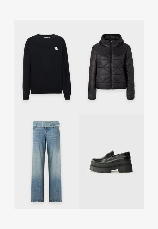 Čierna prešívaná bunda s kapucňou, so zipsom na prednej strane a jemnou, hladkou textúrou. Diamantový vzor na látke.; Čierna mikina vyrobená z bavlny. Má dlhé rukávy, okrúhly výstrih a malé biele kvetinové vyšívanie na ľavej hrudi.; Svetlomodré džíny s širokými nohavicami, so zodpovedajúcim pásom na opasok a postupným prechodom zo tmavej na svetlú farbu.; Čierne kožené loafers s masívnou platformou. Zaoblená špička, predný šev a jemné švy. Plošná, štruktúrovaná podrážka.