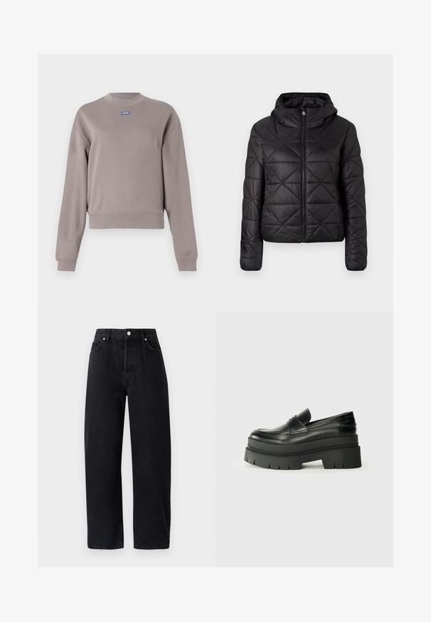 Musta tikkikangas takki hupulla, jossa on edessä vetoketju ja pehmeä, sileä pinta. Timanttikuosi kankaan pinnalla.; Harmaa, lyhythupparimallinen paita, joka on valmistettu pehmeästä puuvillasekoitteesta. Siinä on pyöreä kaula-aukko ja pitkät hihat. Rinnassa pieni sininen brändilogo.; Korkeavyötäröiset, suorat mustat farkut viidellä taskulla, metallipainikkeilla ja sävyssä ommelluilla saumoilla. Sujuva pinta, minimalistikko muotoilu.; Musta nahkakengät, joissa on muhkea pohja. Pyöristetty kärki, etusauman yksityiskohtia ja hienovaraisia ompeluaksentteja. Littee, kuvioitu ulkopohja.