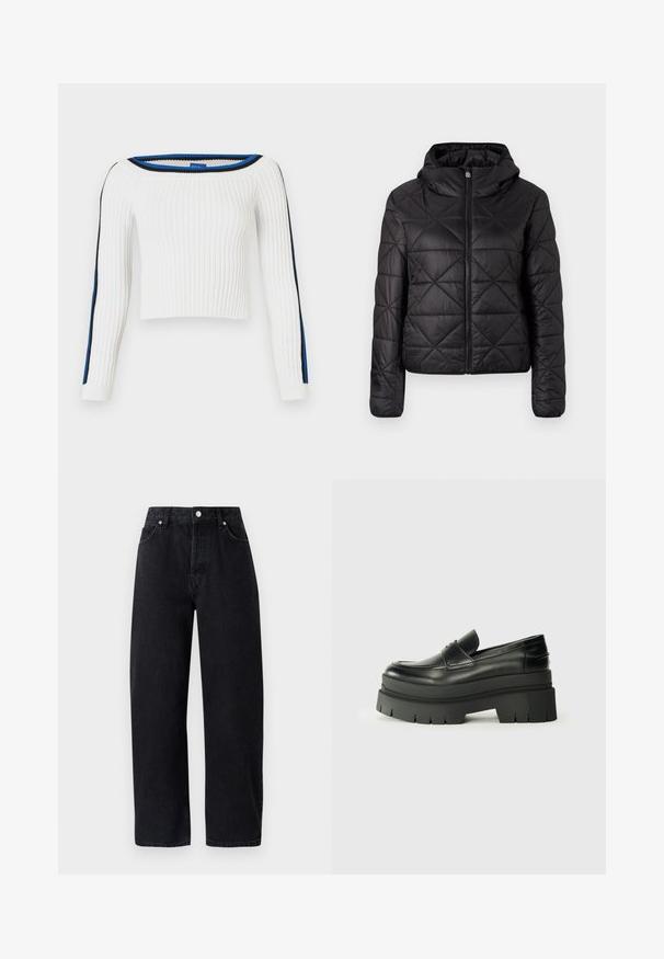 Mustardvärviline tikitud jakk kapuutsiga, millel on ees lukuga sulgemine ja pehme, sile tekstuur. Kangas on kaunistatud ruuduline muster.; Ribaga valge kampsun õlavarrelt avatud disainiga, millel on sinised ja mustad triibud varrukatel ning lühendatud pikkus.; Kõrge vöökohaga, sirged mustad denim püksid, viie taskuga, metallist nööpidega ja toon-toonis õmblustega. Sile tekstuur, minimalistik disain.; Mustad mustrennistest nahast mokad, millel on paks platvormi tald. Ümar varvas, eesmine õmblusdetail ja peened õmblemisaktsendid. Lame, tekstureeritud välistald.