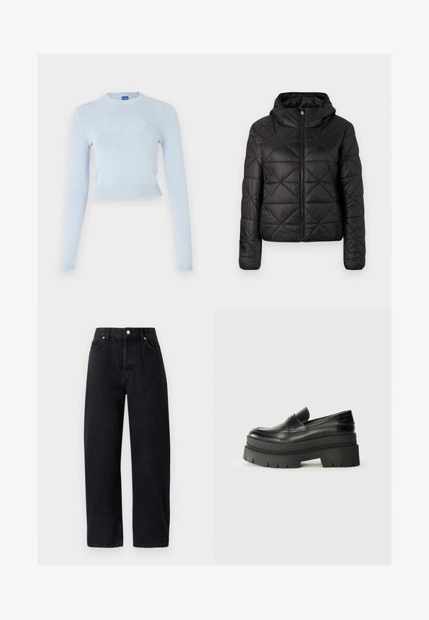 Musta tikkikangas takki hupulla, jossa on edessä vetoketju ja pehmeä, sileä pinta. Timanttikuosi kankaan pinnalla.; Vaaleansininen lyhyt neulepusero, jossa on pitkät hihat. Saattaa sisältää ribbausta kaula-aukossa ja helmassa, sekä hienovaraisen tekstuurilla varustetun logon edessä.; Korkeavyötäröiset, suorat mustat farkut viidellä taskulla, metallipainikkeilla ja sävyssä ommelluilla saumoilla. Sujuva pinta, minimalistikko muotoilu.; Musta nahkakengät, joissa on muhkea pohja. Pyöristetty kärki, etusauman yksityiskohtia ja hienovaraisia ompeluaksentteja. Littee, kuvioitu ulkopohja.