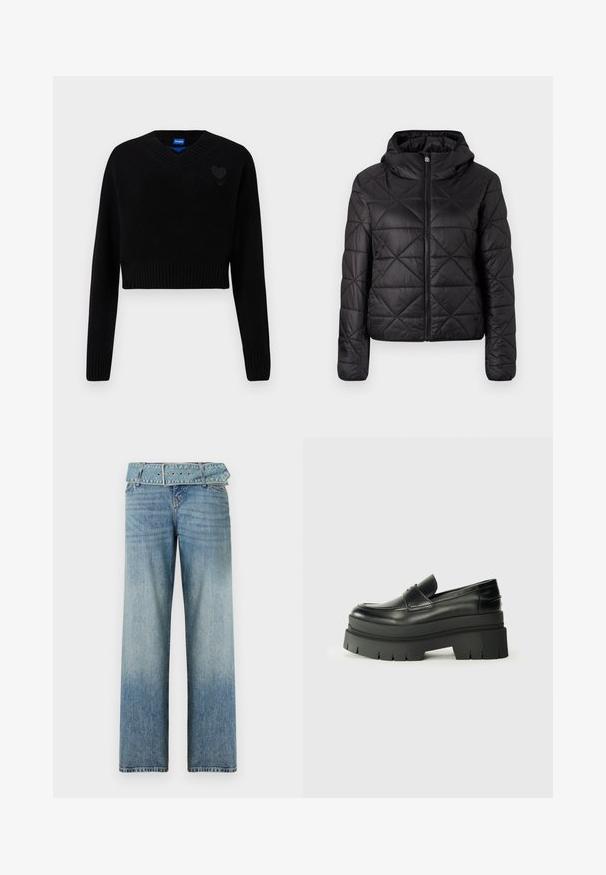 Black quilted jacket with a hood, featuring a front zipper and a soft, smooth texture. Diamond pattern across the fabric.; Black cropped sweater with a V-neck, ribbed hem, and long sleeves. Features a small textured heart detail on the chest. Made of soft material.; Light blue denim jeans with a wide-leg design, featuring a matching belted waist and a gradual fade from dark to light.; Black leather loafers with a chunky platform sole. Rounded toe, front seam detail, and subtle stitching accents. Flat, textured outsole.
