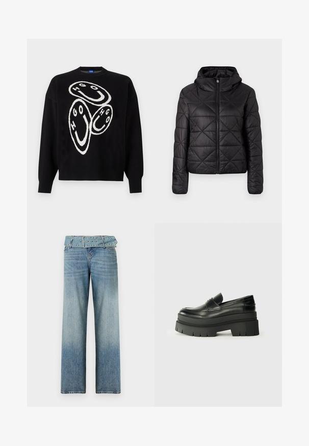 Veste matelassée noire avec capuche, dotée d'une fermeture éclair frontale et d'une texture douce et lisse. Motif en diamant sur le tissu.; Pull noir en maille avec un design graphique blanc comportant des formes circulaires et les lettres "HGO". Les poignets et l'ourlet côtelés accentuent la structure.; Jeans en denim bleu clair avec une coupe évasée, dotés d'une taille ceinturée assortie et d'une décoloration progressive du foncé vers le clair.; Mocassins en cuir noir avec une semelle plateforme épaisse. Bout arrondi, détail de couture sur le devant et accents de surpiqûres subtils. Semelle plate et texturée.