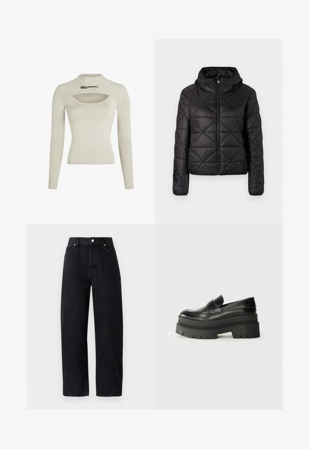 Mustardvärviline tikitud jakk kapuutsiga, millel on ees lukuga sulgemine ja pehme, sile tekstuur. Kangas on kaunistatud ruuduline muster.; Heledbeez ribaga pikkade varrukatega topp kõrge kaelusega ja lõikedetailiga, millel on must "KARL LAGERFELD JEANS" logo.; Kõrge vöökohaga, sirged mustad denim püksid, viie taskuga, metallist nööpidega ja toon-toonis õmblustega. Sile tekstuur, minimalistik disain.; Mustad mustrennistest nahast mokad, millel on paks platvormi tald. Ümar varvas, eesmine õmblusdetail ja peened õmblemisaktsendid. Lame, tekstureeritud välistald.