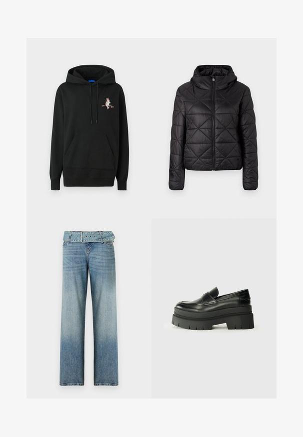 Čierna prešívaná bunda s kapucňou, so zipsom na prednej strane a jemnou, hladkou textúrou. Diamantový vzor na látke.; Čierna kapucňová mikina s predným vreckom. Obsahuje farebný vyšívaný dizajn na hrudi. Vyrobená z mäkkej, štruktúrovanej tkaniny.; Svetlomodré džíny s širokými nohavicami, so zodpovedajúcim pásom na opasok a postupným prechodom zo tmavej na svetlú farbu.; Čierne kožené loafers s masívnou platformou. Zaoblená špička, predný šev a jemné švy. Plošná, štruktúrovaná podrážka.