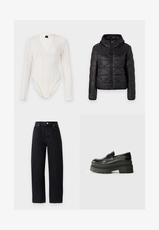 Black quilted jacket with a hood, featuring a front zipper and a soft, smooth texture. Diamond pattern across the fabric.; White long-sleeve bodysuit featuring a deep V-neck, textured knit pattern, and fitted silhouette with snap closure at the bottom.; High-waisted, straight-leg black denim jeans with five pockets, metal rivets, and tonal stitching. Smooth texture, minimalistic design.; Black leather loafers with a chunky platform sole. Rounded toe, front seam detail, and subtle stitching accents. Flat, textured outsole.
