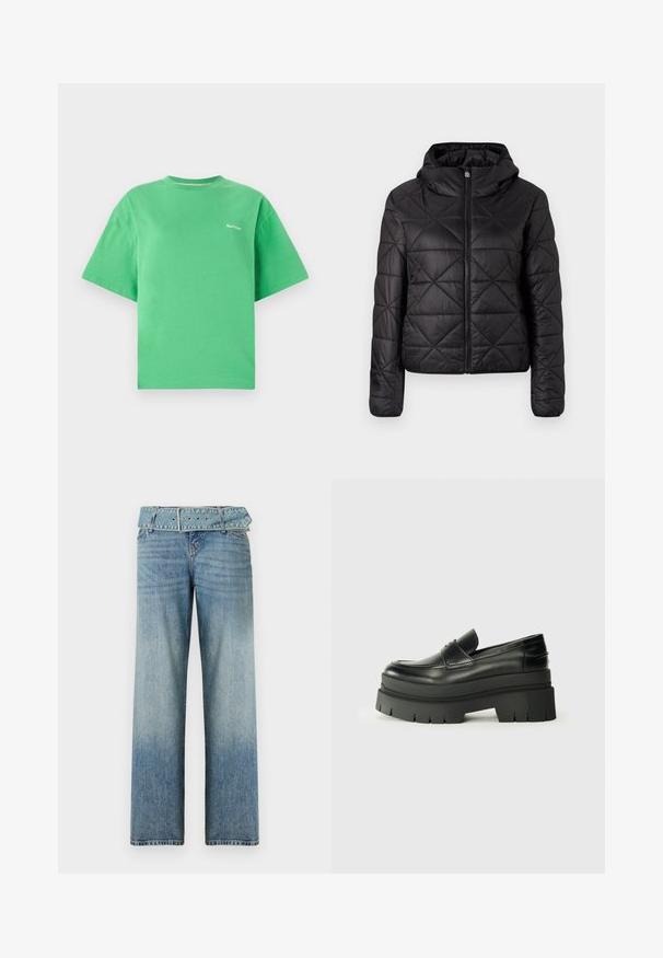 Černá prošívaná bunda s kapucí, která má přední zip a měkkou, hladkou texturu. Diamantový vzor na látce.; Zelené bavlněné tričko s kulatým výstřihem, krátkými rukávy a volnějším střihem. Na hrudi má malé bílé logo. Hladká textura.; Světle modré džíny s širokým střihem, které mají odpovídající pás s opaskem a postupné vyblednutí z tmavé do světlé.; Černé kožené loafers s robustní platformovou podrážkou. Kulatá špička, přední šev a jemné akcenty prošití. Plochá, texturovaná podrážka.