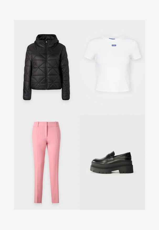 Fekete steppelt dzseki kapucnival, elülső cipzárral és puha, sima textúrával. Gyémántmintázat a szöveten.; Fehér pamut póló rövid ujjakkal, kerek nyakkivágással és egy kék téglalap alakú logóval, amelyen a "HUGO" felirat olvasható az elején, középen.; Rózsaszín, szabott nadrág sima textúrával, egyenes lábakkal és cipzáros részlet a szegélyen. Övhurkokkal és lapos elülső kialakítással rendelkezik.; Fekete bőrcipők vastag platform talppal. Lekerekített orr, elülső varrás részletek és finom varrási díszítések. Lapos, texturált talp.