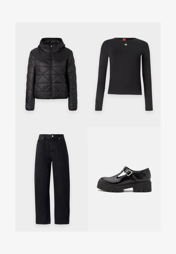Black quilted jacket with a hood, featuring a front zipper and a soft, smooth texture. Diamond pattern across the fabric.; Black long-sleeve shirt made from smooth fabric. Features a crew neckline and a small silver logo on the chest. Minimalist design.; High-waisted, straight-leg black denim jeans with five pockets, metal rivets, and tonal stitching. Smooth texture, minimalistic design.; HUGO KRIS MARYJANE - Platform heels - black