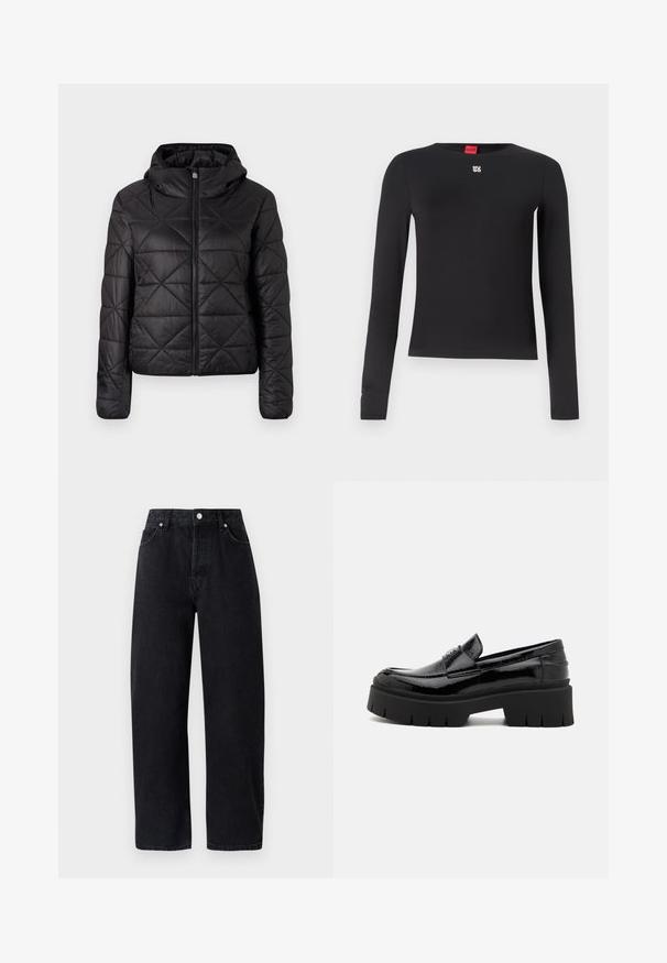 Veste matelassée noire avec capuche, dotée d'une fermeture éclair frontale et d'une texture douce et lisse. Motif en diamant sur le tissu.; Chemise noire à manches longues en tissu lisse. Présente un col ras du cou et un petit logo argenté sur la poitrine. Design minimaliste.; Jean en denim noir taille haute et jambe droite, avec cinq poches, rivets en métal et coutures ton sur ton. Texture lisse, design minimaliste.; Mocassins en cuir verni noir avec une semelle en caoutchouc épaisse, arborant un dessus lisse et un accent de sangle décorative. Talon plat et bout rond.