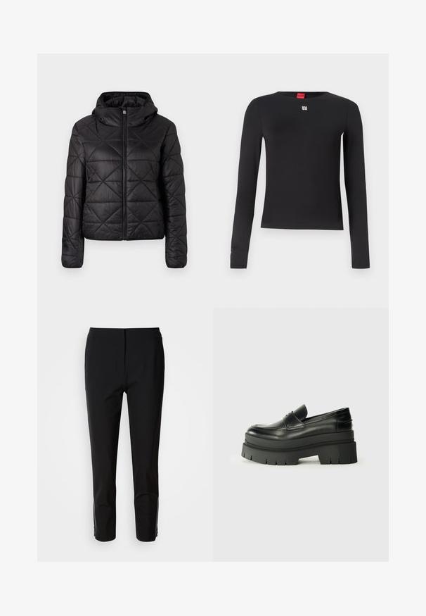 Jachetă neagră matlasată cu glugă, cu fermoar frontal și o textură moale și netedă. Model cu diamante pe întreaga țesătură.; Cămașă neagră cu mâneci lungi, realizată dintr-un material neted. Dispune de un guler rotund și un mic logo argintiu pe piept. Design minimalist.; Pantaloni negri cu un design drept, realizați dintr-un material neted. Au accente cu fermoar pe laturile inferioare. Stil curat și minimalist.; Loafers din piele neagră cu o talpă platformă masivă. Vârf rotunjit, detalii cu cusătura frontală și accente subtile de broderie. Talpă plată, texturată.