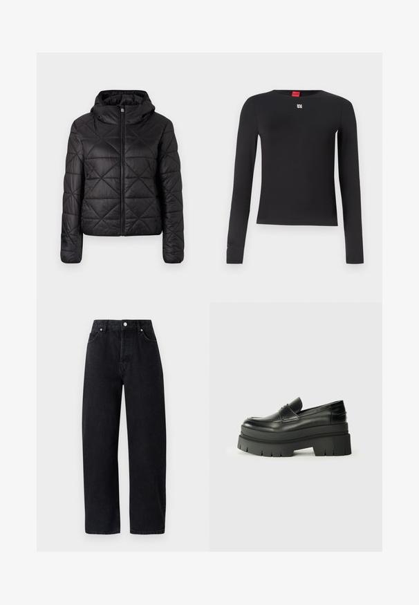 Μαύρο καπιτονέ μπουφάν με κουκούλα, διαθέτει μπροστινό φερμουάρ και απαλή, λείη υφή. Διαμαντένιο σχέδιο σε όλη την επιφάνεια του υφάσματος.; Μαύρο πουκάμισο με μακριά μανίκια κατασκευασμένο από λείο ύφασμα. Διαθέτει στρογγυλή λαιμόκοψη και ένα μικρό ασημένιο λογότυπο στο στήθος. Μινιμαλιστικός σχεδιασμός.; Ψηλόμεσα, ίσια μαύρα τζιν παντελόνια με πέντε τσέπες, μεταλλικές καρφίτσες και τονική ραφή. Λείο υφή, μινιμαλιστικός σχεδιασμός.; Μαύρες δερμάτινες λοφάδες με χοντρή πλατφόρμα. Στρογγυλή μύτη, λεπτομέρεια ραφής μπροστά και διακριτικά διακοσμητικά ραφή. Ίσια, υφασμένη σόλα.