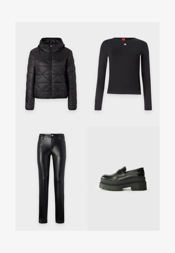 Černá prošívaná bunda s kapucí, která má přední zip a měkkou, hladkou texturu. Diamantový vzor na látce.; Černé dlouhé tričko s hladkým materiálem. Má kulatý výstřih a malé stříbrné logo na hrudi. Minimalistický design.; Černé kožené kalhoty rovného střihu s předním zapínáním na knoflík a zip, poutky na opasek a bočními kapsami, vystavené na bílém pozadí.; Černé kožené loafers s robustní platformovou podrážkou. Kulatá špička, přední šev a jemné akcenty prošití. Plochá, texturovaná podrážka.