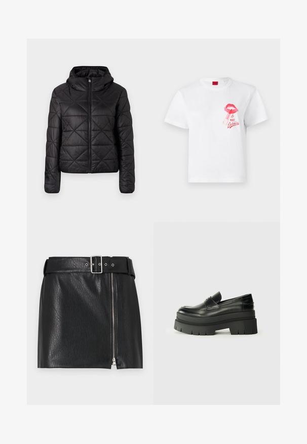 Juodas siuvinėtas švarkas su kapišonu, turintis priekinį užtrauktuką ir minkštą, glotnų tekstūrą. Audinyje matomas deimanto raštas.; Balta medvilnės marškinėliai su trumpomis rankovėmis, dekoruoti rožine lūpų atspaudą ir lūpdažio grafika, taip pat tekstu "La Nuit Devious."; Juoda dirbtinės odos mini sijonas su plačia diržu, sidabriniu sagtimi ir šoniniu užtrauktuku. Turi tekstūruotą paviršių ir tiesaus kirpimo dizainą.; Juodos odinės loafers tipo bateliai su masyviu platformos padu. Suapvalintas pirštas, priekinė siuvimo detalė ir subtilūs siuvinėjimo akcentai. Lygus, tekstūruotas padas.