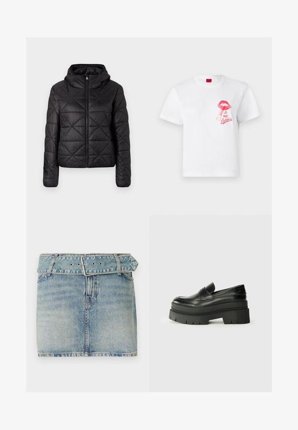 Melnā quiltota jaka ar kapuci, ar priekšējo rāvējslēdzēju un mīkstu, gludu tekstūru. Audumam ir dimantu raksts.; Balta kokvilnas T-krekls ar īsām piedurknēm, ar rozā lūpu druku un lūpu krāsas grafiku, kā arī tekstu "La Nuit Devious."; Denim mini svārki ar gaiši zilu mazgāšanu, ar jostu viduklī ar metāla sprādzi, piecas kabatas un viegla izbalēšana tekstūras akcentēšanai.; Melnas ādas loafers ar masīvu platformas zoli. Noapaļota purngala forma, priekšējā šuvju detaļa un smalki šuvju akcenti. Plakana, teksturēta zole.