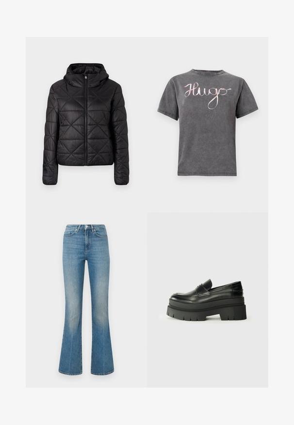 Melnā quiltota jaka ar kapuci, ar priekšējo rāvējslēdzēju un mīkstu, gludu tekstūru. Audumam ir dimantu raksts.; Pelēks kokvilnas T-krekls ar apaļu kakla izgriezumu un īsām piedurknēm, ar rozā slīpais raksts "Hugo" krūšu daļā. Mīksta tekstūra un ikdienišķs dizains.; Gai zili flared džinsi, izgatavoti no denima. Satur jostu ar pogu un izbalējušu krāsu, pakāpeniski sašaurinoties līdz platam apmalei pie potītēm.; Melnas ādas loafers ar masīvu platformas zoli. Noapaļota purngala forma, priekšējā šuvju detaļa un smalki šuvju akcenti. Plakana, teksturēta zole.