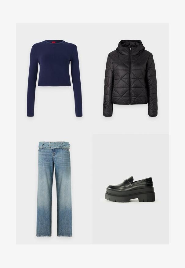 Zwarte gewatteerde jas met een capuchon, voorzien van een rits aan de voorkant en een zachte, gladde textuur. Ruitpatroon over de stof.; Marineblauw cropped longsleeve top van zachte stof, met een ronde halslijn en een reliëf logo op de borst.; Lichtblauwe denim jeans met een brede pijpdesign, voorzien van een bijpassende tailleriem en een geleidelijke vervaging van donker naar licht.; Zwarte lederen loafers met een chunky plateauzool. Rondere neus, naden aan de voorkant en subtiele stikselaccenten. Vlakke, gestructureerde buitenzool.