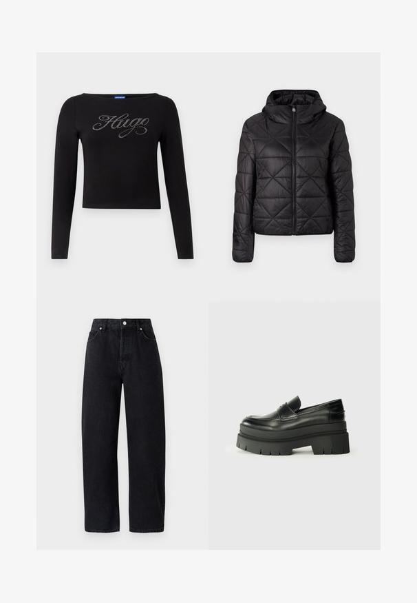Giacca nera trapuntata con cappuccio, dotata di zip frontale e una texture morbida e liscia. Motivo a rombi sul tessuto.; Top lungo nero a maniche con un design cropped e logo "Hugo" in strass argentati sul davanti. Realizzato in materiale elasticizzato.; Jeans in denim nero a vita alta e gamba dritta, con cinque tasche, rivetti in metallo e cuciture tono su tono. Texture liscia, design minimalista.; Mocassini neri in pelle con suola piatta spessa. Punta arrotondata, dettaglio della cucitura frontale e accenti di cucitura sottili. Suola piatta e testurizzata.