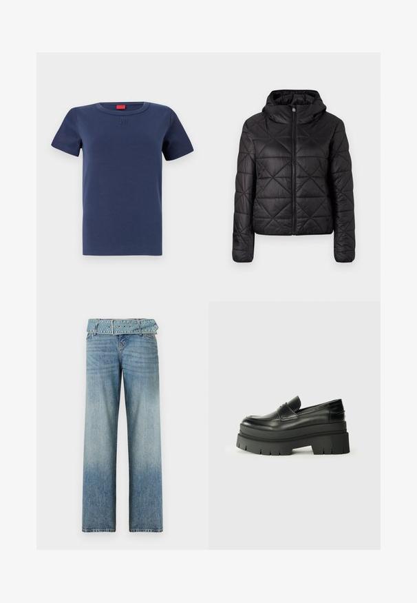 Jachetă neagră matlasată cu glugă, cu fermoar frontal și o textură moale și netedă. Model cu diamante pe întreaga țesătură.; Tricou din bumbac bleu marin, cu un guler rotund, mâneci scurte și un logo embossat pe piept. Textură netedă, croială clasică.; Jeans din denim albastru deschis cu un design tip wide-leg, având o talie accentuată cu curea asortată și o decolorare graduală de la închis la deschis.; Loafers din piele neagră cu o talpă platformă masivă. Vârf rotunjit, detalii cu cusătura frontală și accente subtile de broderie. Talpă plată, texturată.