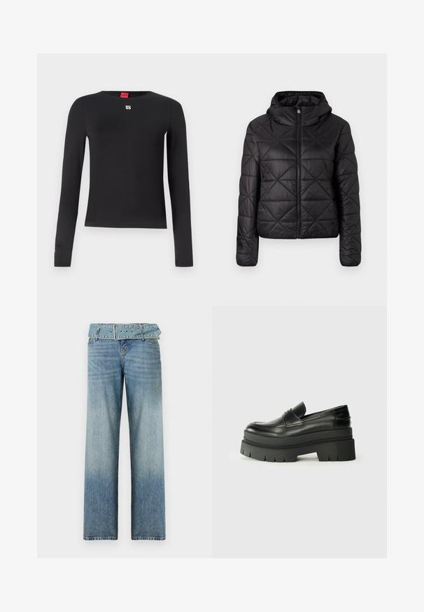 Čierna prešívaná bunda s kapucňou, so zipsom na prednej strane a jemnou, hladkou textúrou. Diamantový vzor na látke.; Čierna dlhá rukávová košeľa vyrobená z hladkej tkaniny. Vyniká okrúhlym výstrihom a malým strieborným logom na hrudi. Minimalistický dizajn.; Svetlomodré džíny s širokými nohavicami, so zodpovedajúcim pásom na opasok a postupným prechodom zo tmavej na svetlú farbu.; Čierne kožené loafers s masívnou platformou. Zaoblená špička, predný šev a jemné švy. Plošná, štruktúrovaná podrážka.