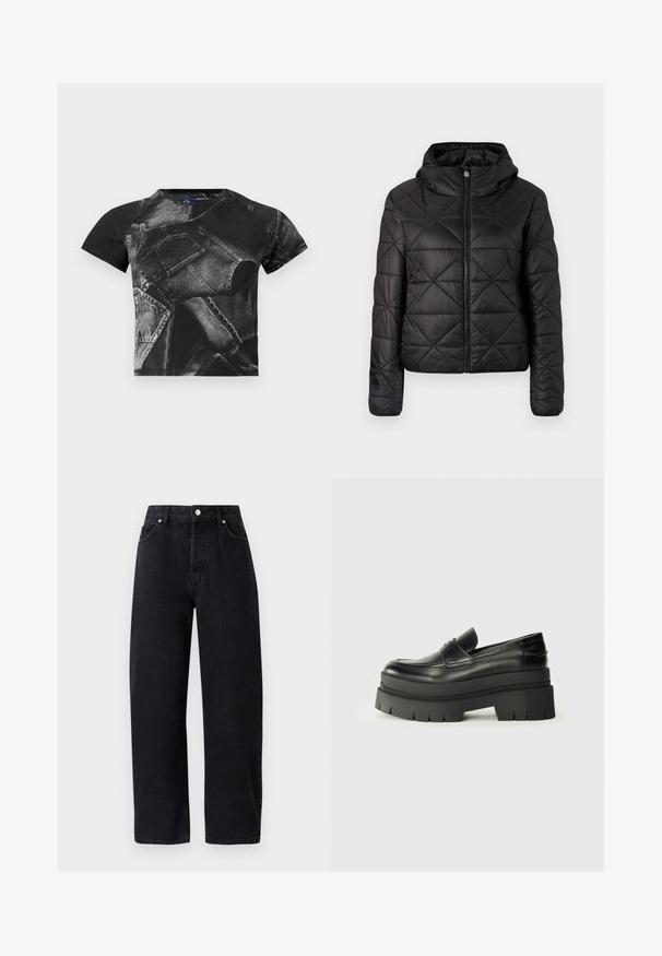 Black quilted jacket with a hood, featuring a front zipper and a soft, smooth texture. Diamond pattern across the fabric.; Black short-sleeve t-shirt featuring a large denim print with pockets and seams, made from cotton blend fabric with a textured finish.; High-waisted, straight-leg black denim jeans with five pockets, metal rivets, and tonal stitching. Smooth texture, minimalistic design.; Black leather loafers with a chunky platform sole. Rounded toe, front seam detail, and subtle stitching accents. Flat, textured outsole.
