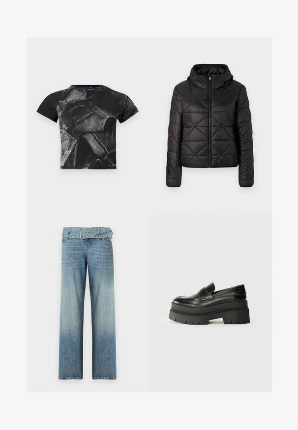 Casaco preto acolchoado com capuz, apresentando um fecho frontal com zíper e uma textura suave e macia. Padrão de diamante pelo tecido.; T-shirt preta de mangas curtas com um grande estampado em denim, com bolsos e costuras, feita de um tecido misto de algodão com um acabamento texturizado.; Jeans de denim azul claro com um design de perna larga, apresentando uma cintura com cinto combinado e um desbotamento gradual de escuro para claro.; Sapatos de couro pretos tipo loafer com solas de plataforma chunky. Bico arredondado, detalhe de costura frontal e sutis detalhes de costura. Sola exterior plana e texturizada.