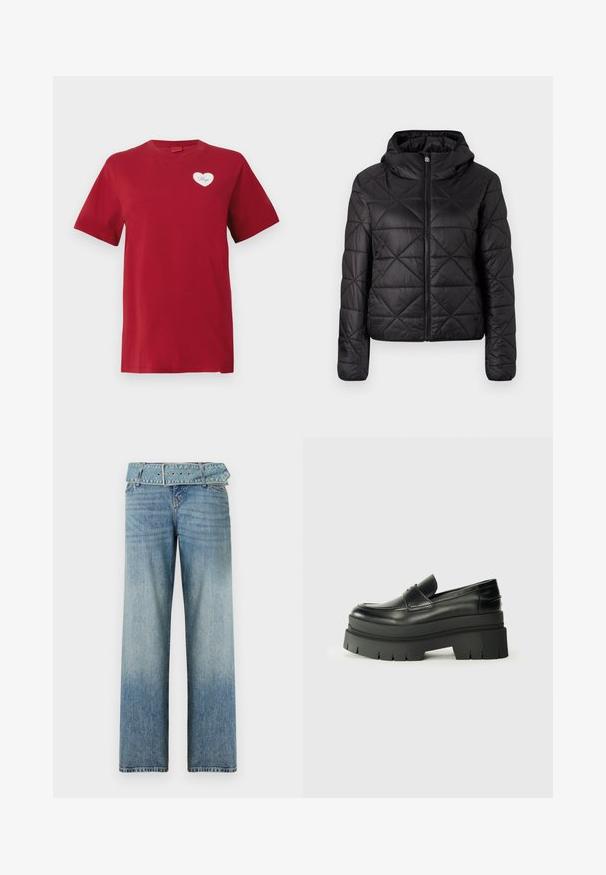 Juodas siuvinėtas švarkas su kapišonu, turintis priekinį užtrauktuką ir minkštą, glotnų tekstūrą. Audinyje matomas deimanto raštas.; Raudona trumpomis rankovėmis marškinėliai su maža balta širdies aplikacija kairėje krūtinės pusėje, ant kurios yra užrašas "Hugo."; Šviesiai mėlynos džinsinės kelnės su plačiu kojų dizainu, turinčios derančią diržą juosmenyje ir palaipsniui šviesėjančias nuo tamsios iki šviesios.; Juodos odinės loafers tipo bateliai su masyviu platformos padu. Suapvalintas pirštas, priekinė siuvimo detalė ir subtilūs siuvinėjimo akcentai. Lygus, tekstūruotas padas.