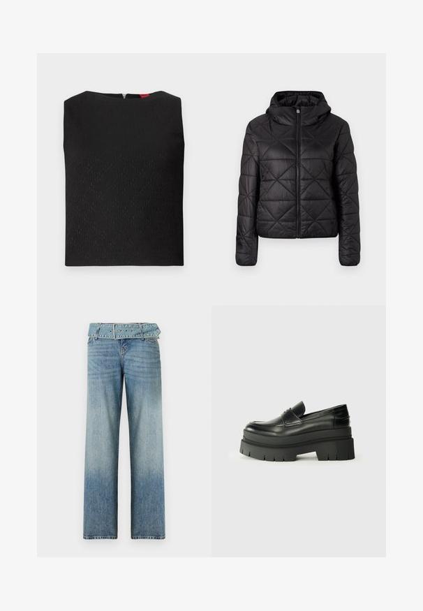Svart quilted jakke med hette, med frontglidelås og en myk, jevn tekstur. Diamantmønster over stoffet.; Svart ermeløs topp med teksturert mønster, firkantet utrigning og glidelås bak. Har logo-detaljer subtilt vevd inn i stoffet.; Lys blå denimjeans med vid ben design, som har en matchende belted midje og en gradvis falming fra mørk til lys.; Svarte skinnloafers med en kraftig plattformsåle. Rund tå, fremre sømdetalj og subtile sømdetaljer. Flat, teksturert yttersåle.