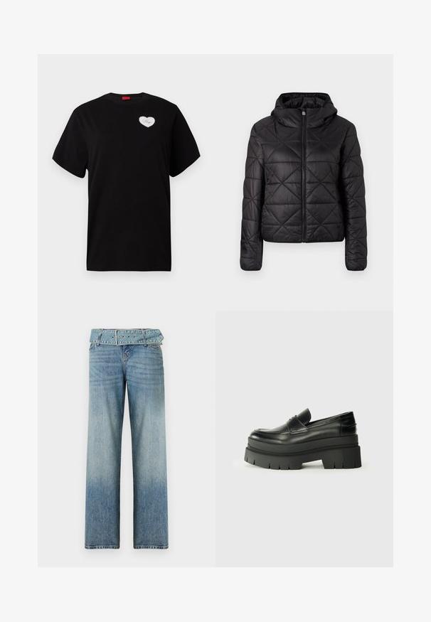 Crna jakna s kapuljačom, quilted, s prednjim patentnim zatvaračem i mekim, glatkim teksturom. Dijamantni uzorak po tkanini.; Crna majica s kratkim rukavima od pamuka. Ima bijeli zakrpa u obliku srca s natpisom "Hugo" u pisanom fontu na lijevoj strani prsnog dijela.; Svijetloplave traperice širokog kroja, s remenom u istoj boji i postepenim izblijeđenjem od tamne do svijetle nijanse.; Crne kožne mokasine s debelim platformom. Zaobljen vrh, detalj s prednjim šavom i suptilni akcenti šivanja. Ravni, teksturirani potplat.