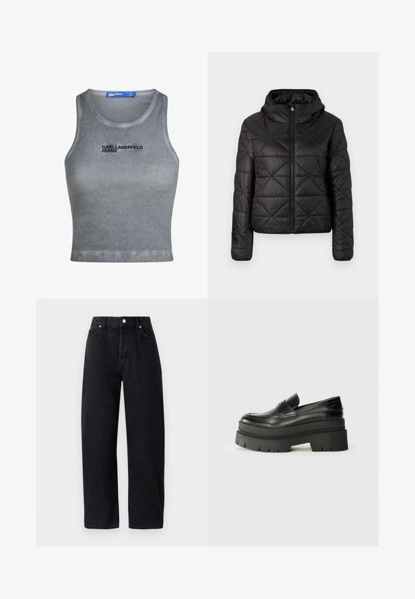 Juodas siuvinėtas švarkas su kapišonu, turintis priekinį užtrauktuką ir minkštą, glotnų tekstūrą. Audinyje matomas deimanto raštas.; Pilko juostuotas topas be rankovių su apvaliu iškerpimu. Su juodu siuvinėjimu "KARL LAGERFELD JEANS". Lygus paviršius, trumpa ilgis.; Aukštai užsegamos, tiesaus kirpimo juodos džinsinės kelnės su penkiomis kišenėmis, metalinėmis papuošalais ir toniniu siuvinėjimu. Lygus paviršius, minimalistiškas dizainas.; Juodos odinės loafers tipo bateliai su masyviu platformos padu. Suapvalintas pirštas, priekinė siuvimo detalė ir subtilūs siuvinėjimo akcentai. Lygus, tekstūruotas padas.