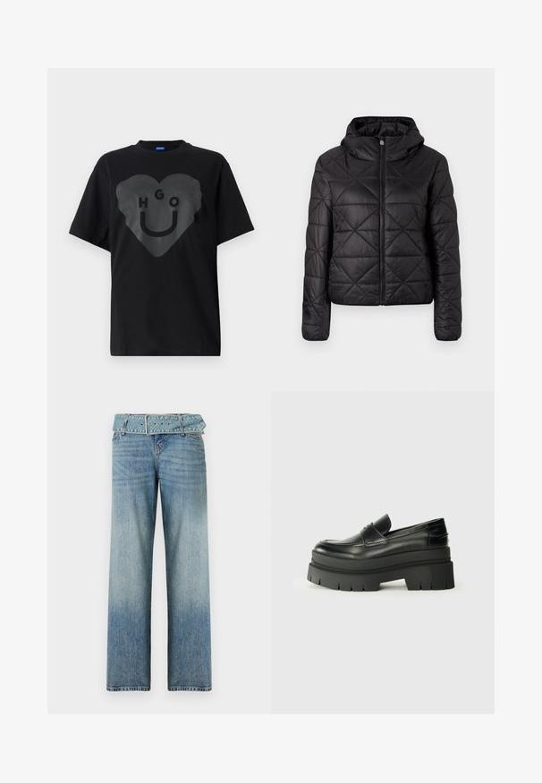 Fekete steppelt dzseki kapucnival, elülső cipzárral és puha, sima textúrával. Gyémántmintázat a szöveten.; Fekete póló, laza szabású, elől egy nagy szívgrafikával, rajta a "HGO" felirattal és egy mosolygós arccal, fényes kivitelben.; Világoskék farmernadrág, széles lábakkal, melynek övvel ellátott derékrésze van, és fokozatosan világosodó színátmenettel rendelkezik a sötétről a világosra.; Fekete bőrcipők vastag platform talppal. Lekerekített orr, elülső varrás részletek és finom varrási díszítések. Lapos, texturált talp.