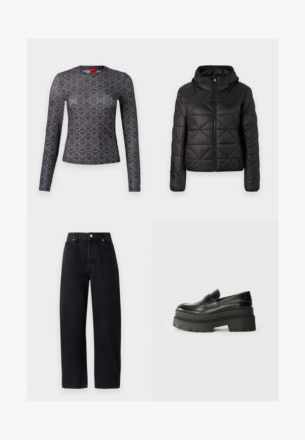 Czarna pikowana kurtka z kapturem, z przednim zamkiem błyskawicznym i miękką, gładką teksturą. Wzór w romby na całej powierzchni materiału.; Długi rękaw w czerni i szarości z geometrycznym wzorem. Posiada okrągły dekolt oraz detale logo z przodu i z tyłu. Gładka tekstura.; Czarne dżinsy z wysokim stanem, proste nogawki, pięć kieszeni, metalowe nity i tonowe przeszycia. Gładka tekstura, minimalistyczny design.; Czarne skórzane loafersy z grubą platformą. Okrągły nos, detal szwu z przodu i subtelne akcenty przeszycia. Płaska, teksturowana podeszwa.