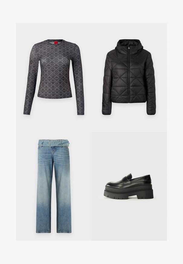 Jachetă neagră matlasată cu glugă, cu fermoar frontal și o textură moale și netedă. Model cu diamante pe întreaga țesătură.; Cămașă cu mâneci lungi, în culori negre și gri, cu un model geometric. Are un guler rotund și detalii cu logo atât pe față, cât și pe spate. Textură netedă.; Jeans din denim albastru deschis cu un design tip wide-leg, având o talie accentuată cu curea asortată și o decolorare graduală de la închis la deschis.; Loafers din piele neagră cu o talpă platformă masivă. Vârf rotunjit, detalii cu cusătura frontală și accente subtile de broderie. Talpă plată, texturată.