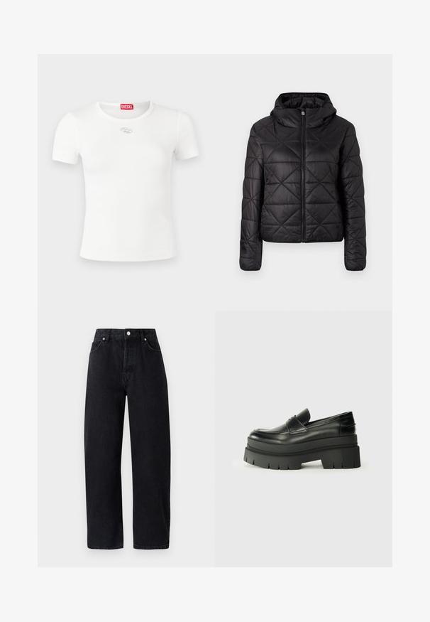 Black quilted jacket with a hood, featuring a front zipper and a soft, smooth texture. Diamond pattern across the fabric.; White short-sleeve t-shirt made of ribbed fabric, featuring a round neckline and a silver logo accent on the chest.; High-waisted, straight-leg black denim jeans with five pockets, metal rivets, and tonal stitching. Smooth texture, minimalistic design.; Black leather loafers with a chunky platform sole. Rounded toe, front seam detail, and subtle stitching accents. Flat, textured outsole.